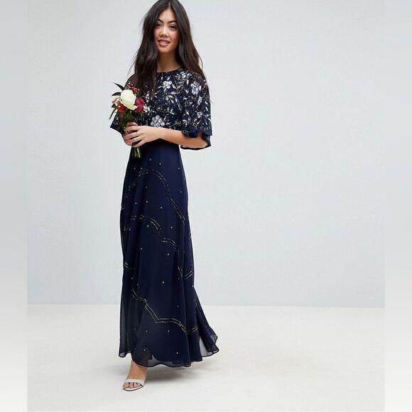 ASOS Dresses & Skirts - ASOS- Women’s Navy Blue Floor Length Embellished Dress Flutter Sleeve, Size 12